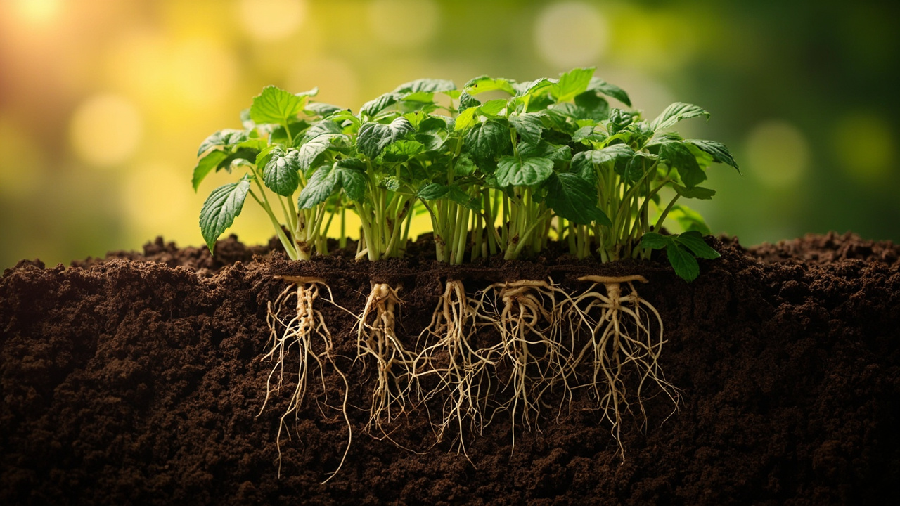 Raspberry plant root system in well-drained acidic soil with healthy white roots