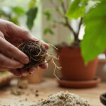 Hands examining a houseplant root ball before repotting, showing healthy white roots