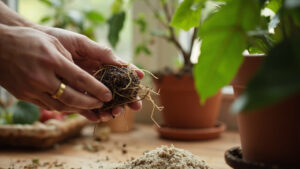 Hands examining a houseplant root ball before repotting, showing healthy white roots