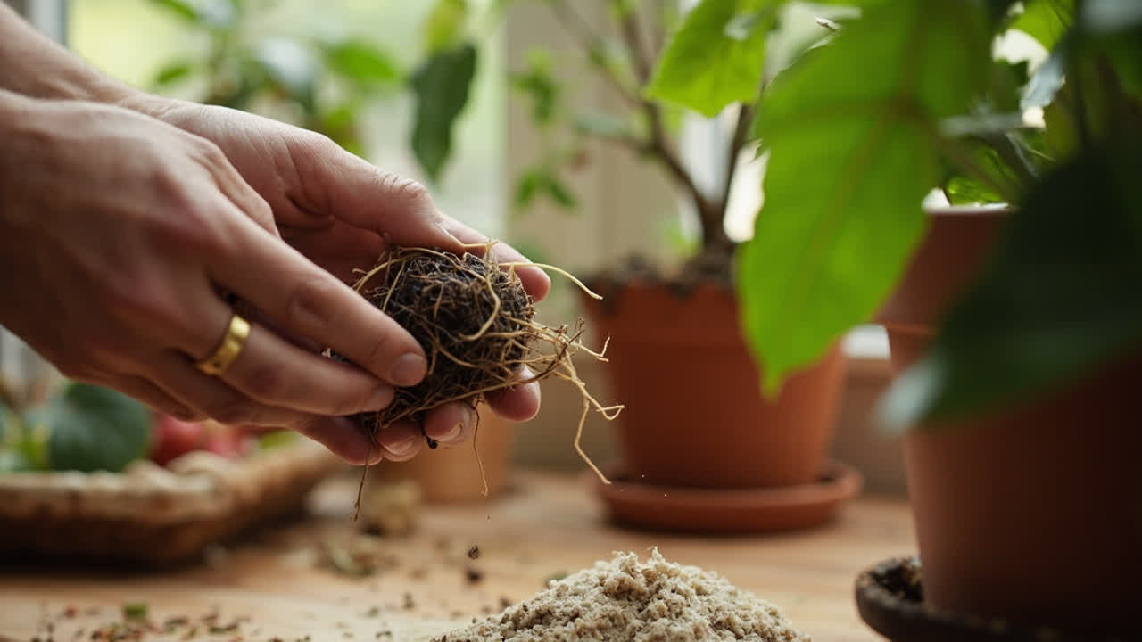 Hands examining a houseplant root ball before repotting, showing healthy white roots