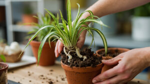 Spider plant in optimal bright indirect light near a window, healthy variegated foliage