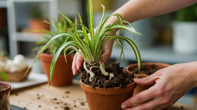 Spider plant in optimal bright indirect light near a window, healthy variegated foliage