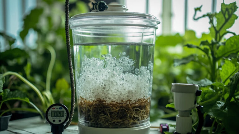 Clean hydroponic reservoir with air stone bubbles and pH meter for weekly maintenance