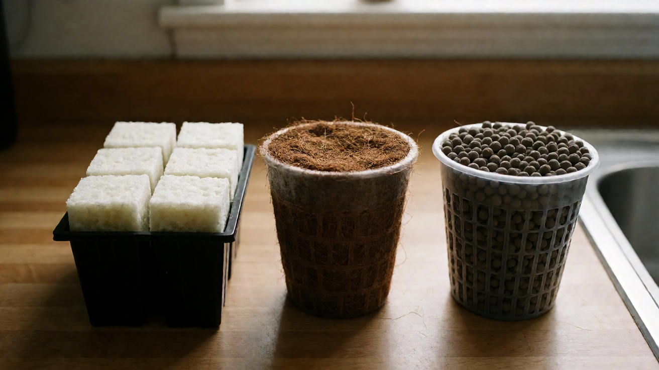 Editorial photograph of three grow media side by side: rockwool cubes in a tray, buffered coco coir in a net cup, and clay pebbles in a net cup, on a wooden counter, soft morning light, labeled with key properties