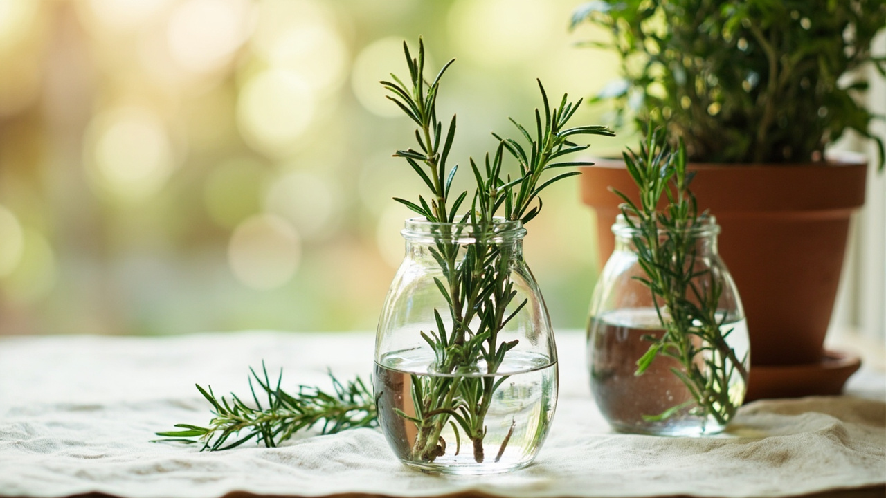 Fresh rosemary stem cuttings in clear glass jars rooting in water next to a healthy mother plant