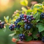 A recovering blueberry bush in a container with purple berries and green leaves