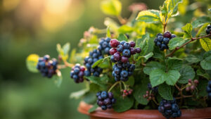 A recovering blueberry bush in a container with purple berries and green leaves