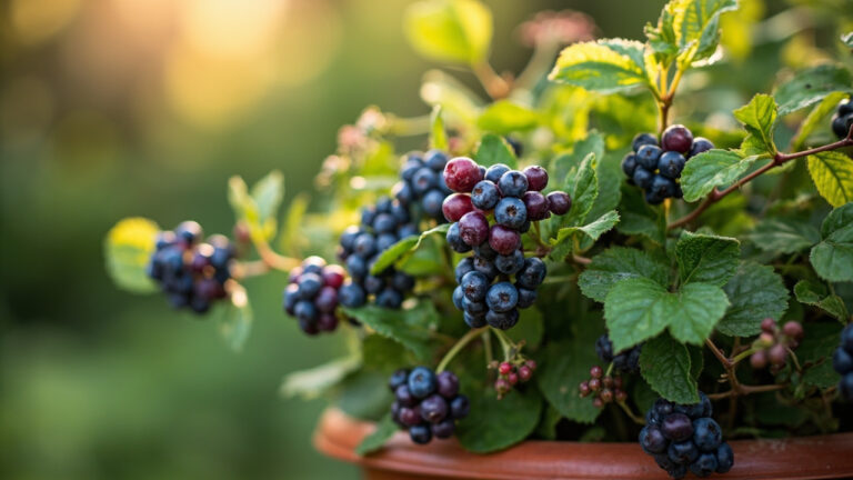 A recovering blueberry bush in a container with purple berries and green leaves