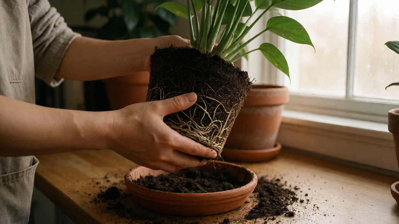 Editorial photograph of a pair of hands gently removing a root-bound houseplant from a terracotta pot, with white healthy roots visible around a dense root ball on a wooden counter, soft morning light