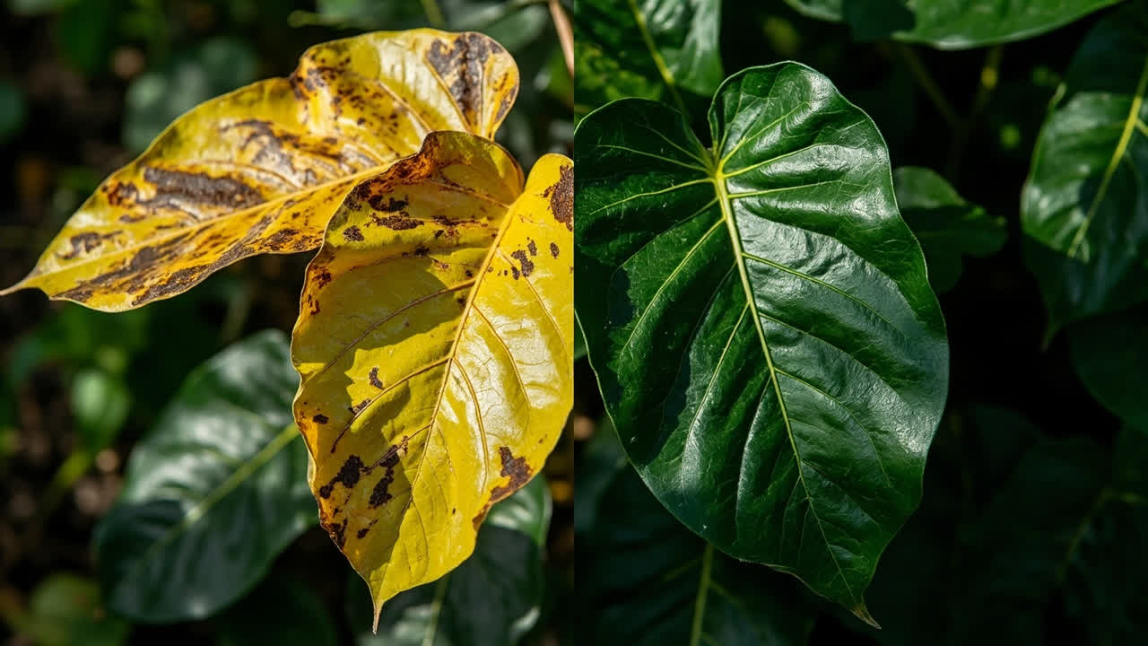 Declining philodendron with yellowing leaves next to healthy recovered specimen with large glossy leaves