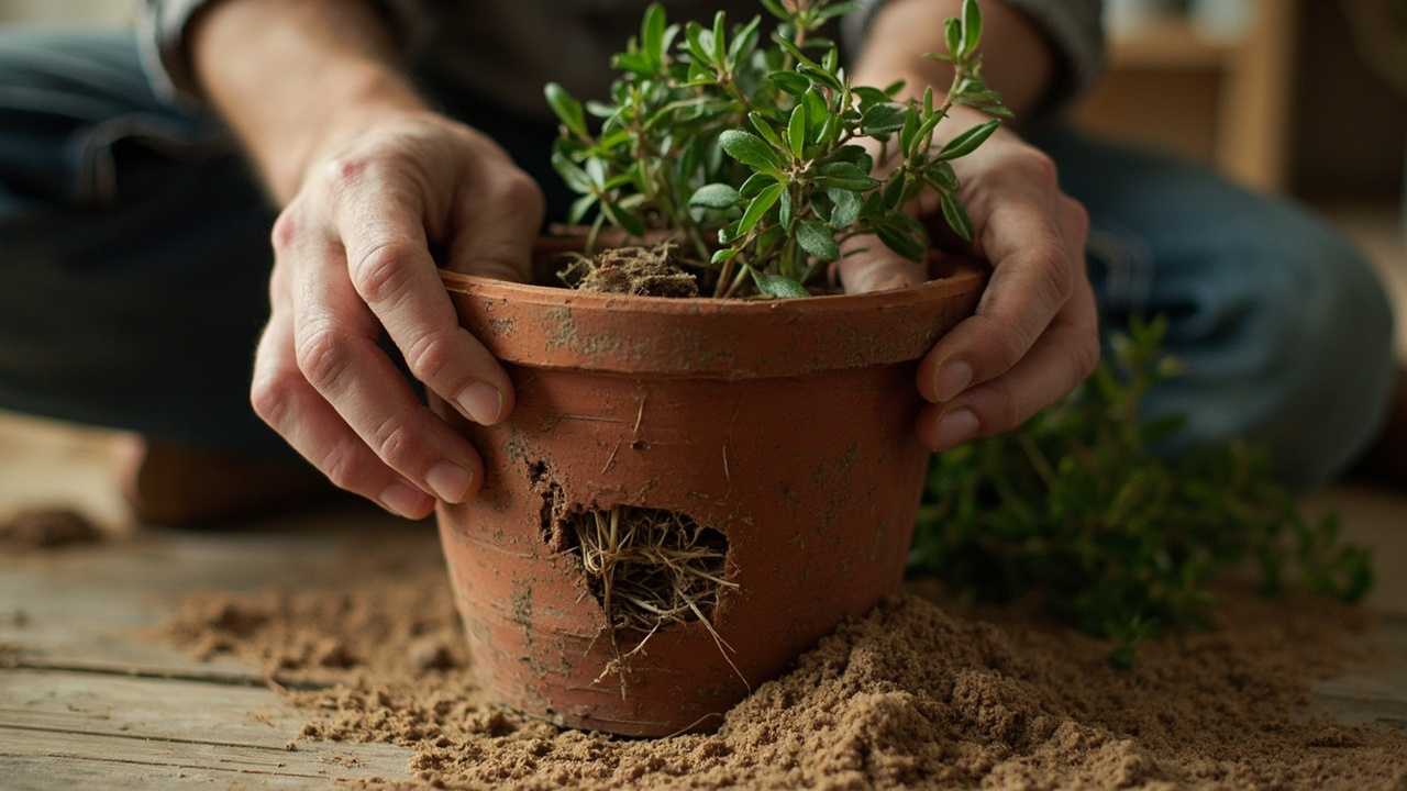 Hands performing root rot surgery on thyme plant, trimming damaged roots over a terracotta pot with fresh sandy soil