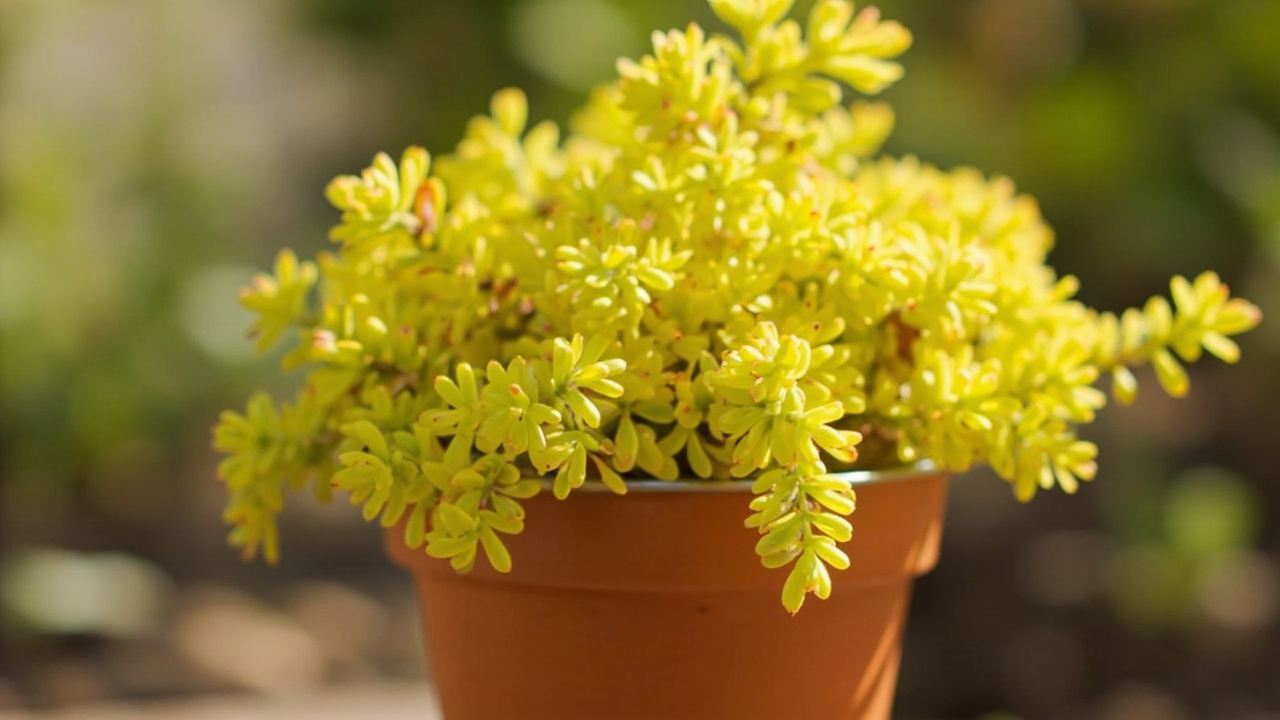 Side-by-side comparison of overwatered yellow sedum leaves versus etiolated pale leaves in low light