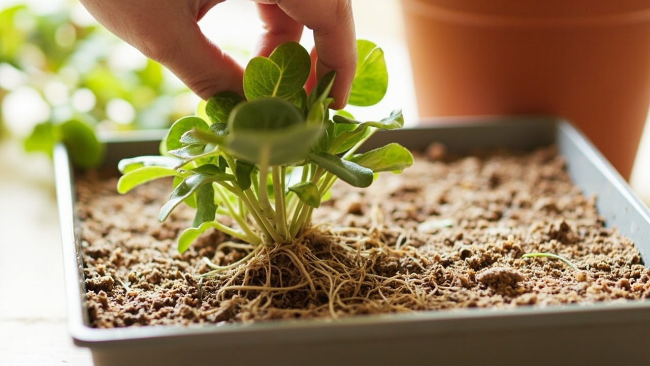 Hand placing a sedum leaf cutting on dry gritty soil mix in a shallow tray, with visible roots forming on nearby cuttings