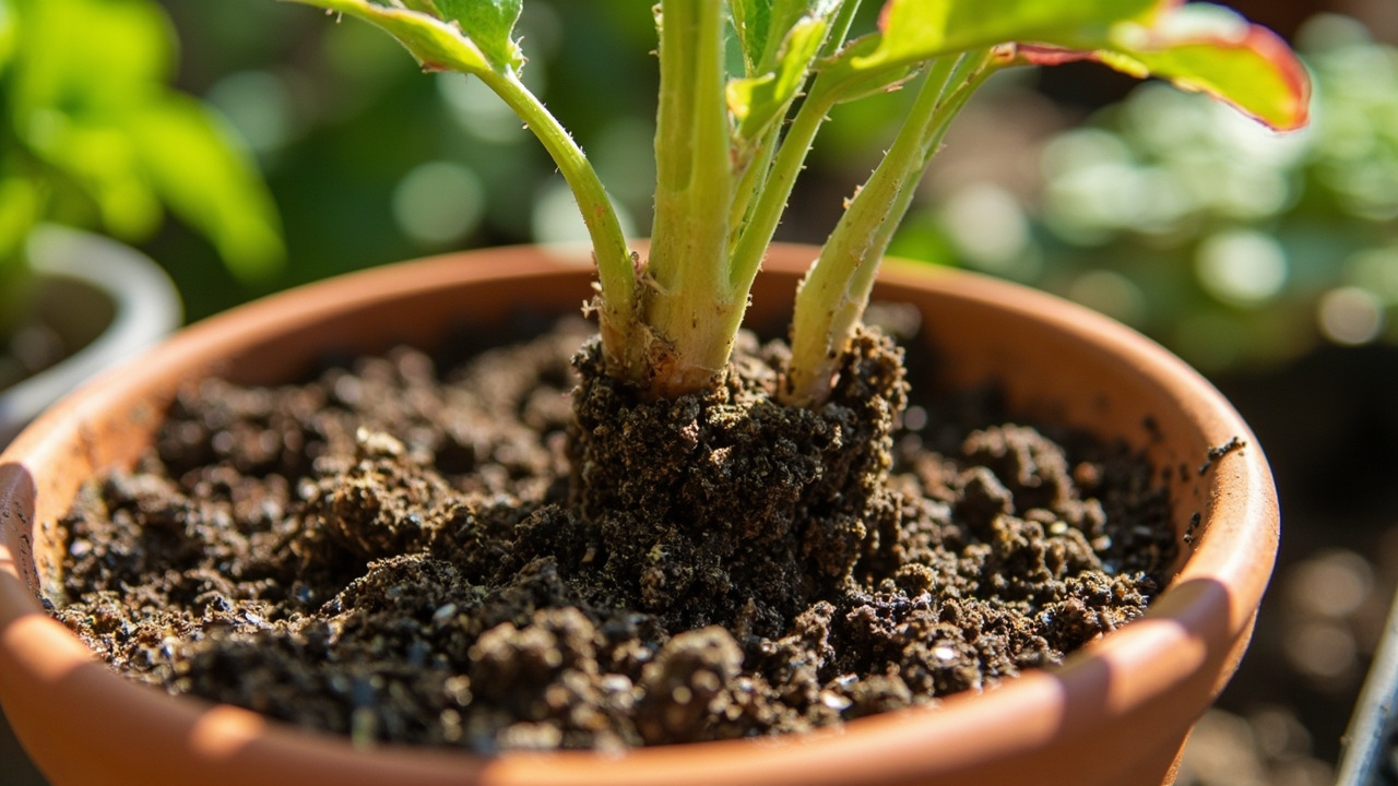 Sedum planted in gritty mineral-heavy soil mix in a terracotta pot, showing pumice and coarse sand particles