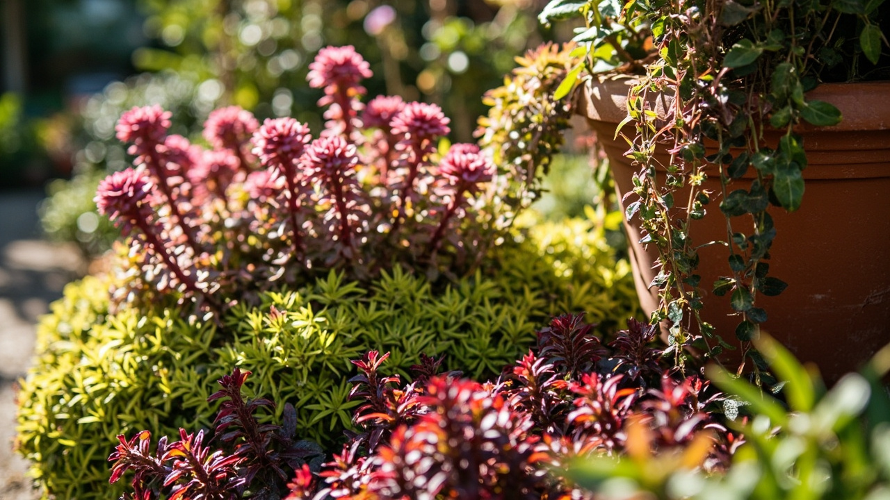 Collection of sedum varieties showing upright pink-flowered types, chartreuse and burgundy groundcover, and trailing sedum in terracotta pots