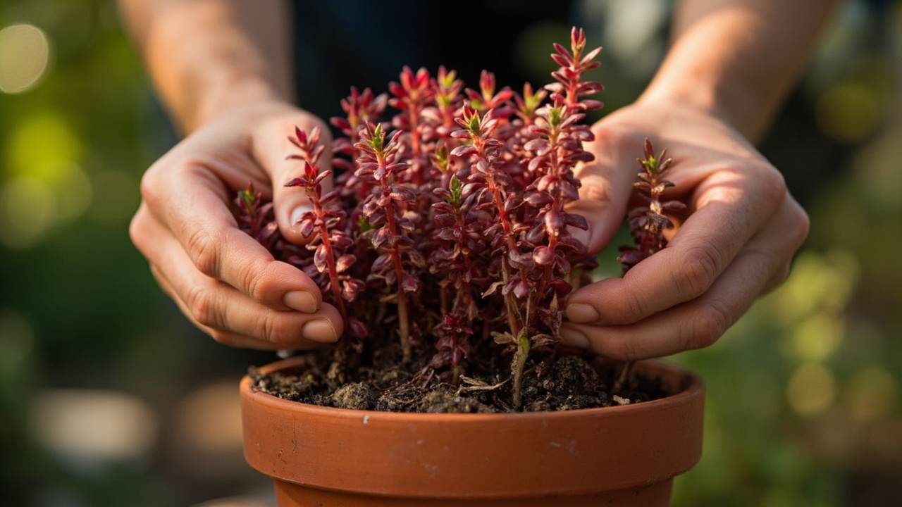 Side-by-side comparison of sedum autumn joy in flower and echeveria elegans rosette in terracotta pot