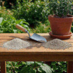 Two piles of fertilizer on a potting bench: quick-release granules and coated slow-release granules