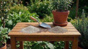 Two piles of fertilizer on a potting bench: quick-release granules and coated slow-release granules