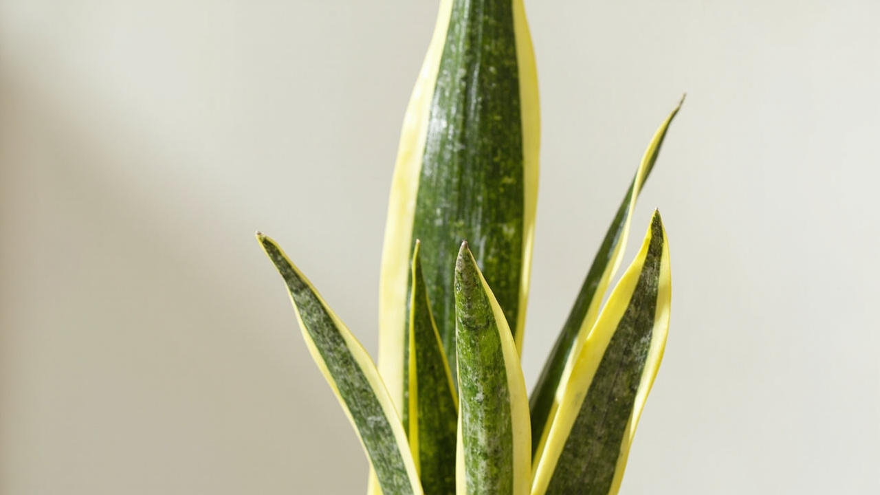 A snake plant in a simple pot with one outer leaf yellowing near the base while other leaves stay firm green, illustrating the typical natural-aging yellow leaf on a snake plant