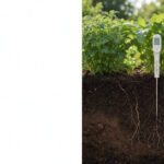 A soil profile cross-section with a pH meter reading