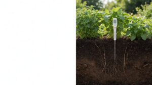A soil profile cross-section with a pH meter reading