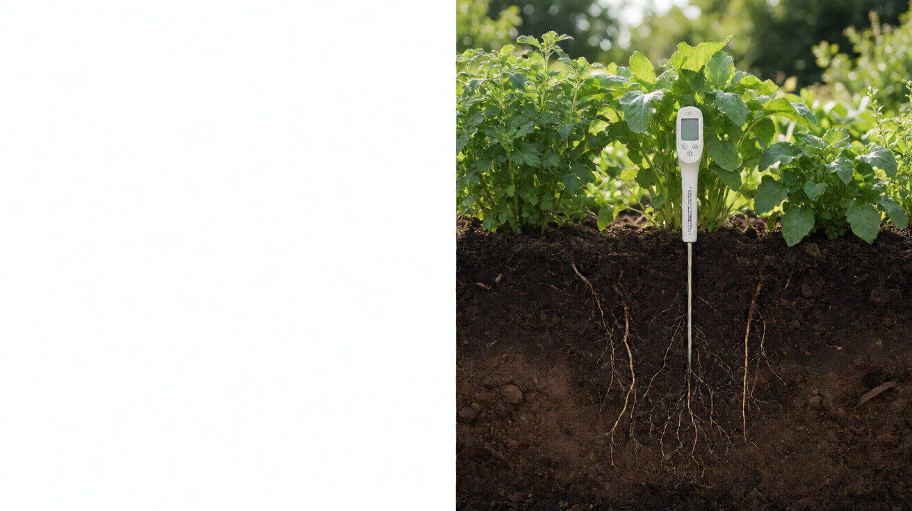 A soil profile cross-section with a pH meter reading