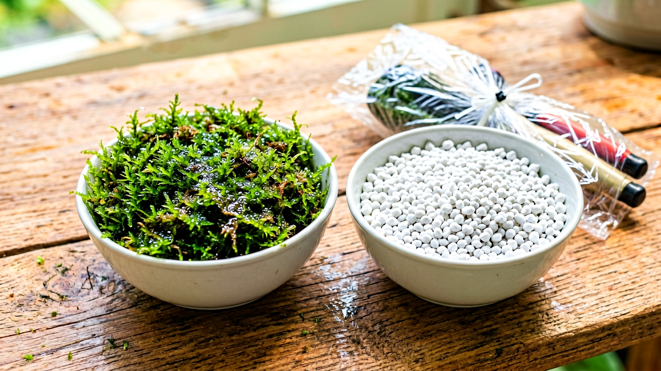 Damp sphagnum moss and white perlite in bowls beside air layering wrap tools on a wooden bench