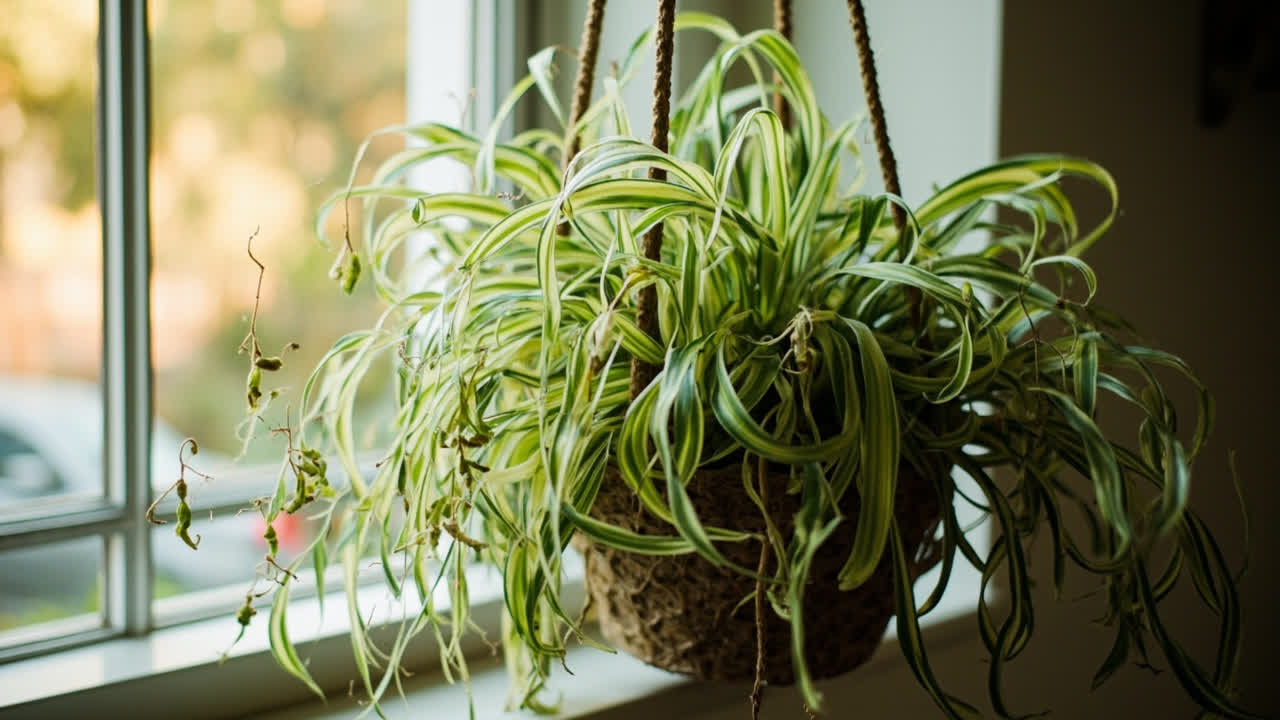 Spider plant (Chlorophytum comosum) with cascading variegated leaves and spiderettes in a hanging basket, editorial indoor photography