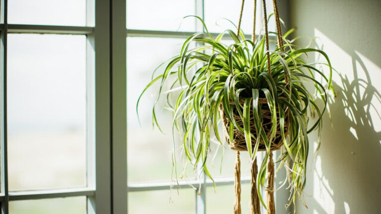 Spider plant in a macrame hanging basket with cascading spiderettes, editorial indoor photography