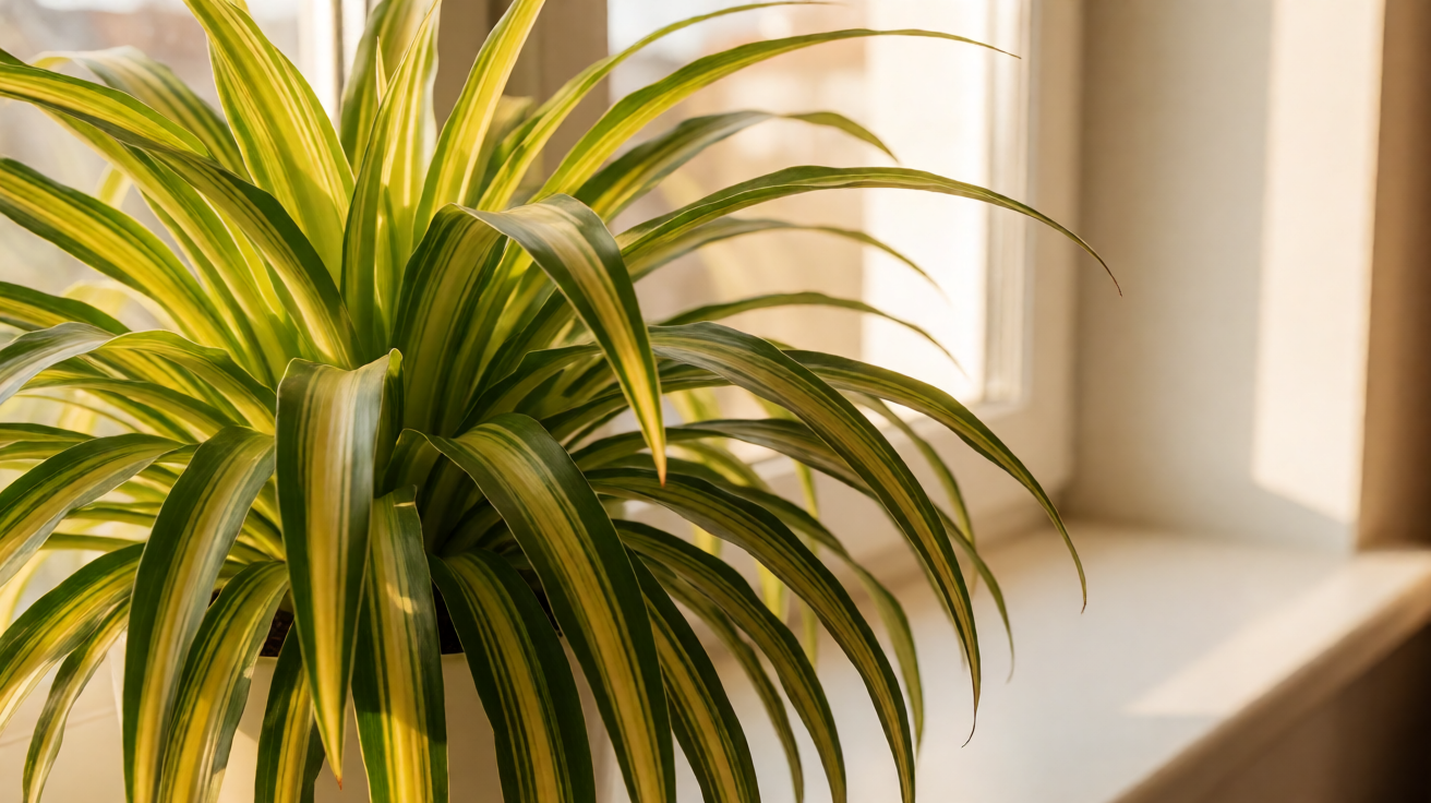 Hawaiian spider plant with golden-yellow striped leaves on a windowsill