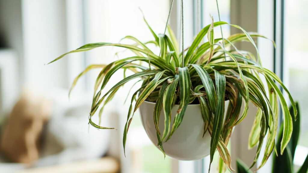Variegated spider plant in white hanging basket showing brown tips and yellowing leaves, illustrating common spider plant problems