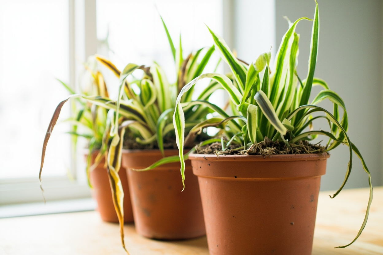 Side-by-side comparison of healthy spider plant leaves versus leaves with brown tips and yellowing, diagnosing spider plant problems