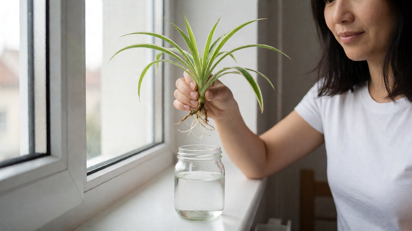 A single spiderette with white root initials suspended above a glass jar of water on a bright windowsill