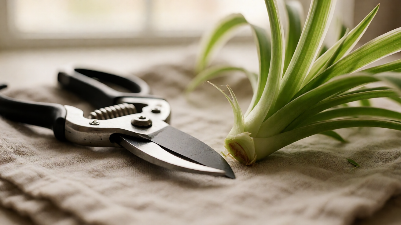 Sterile pruning shears and freshly cut spider plant leaf base on a soft linen cloth