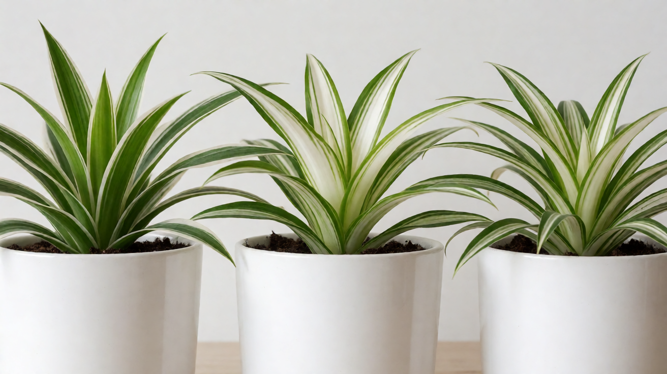 Three spider plant cultivars side by side: Vittatum with white edges, Variegatum with white center, Reverse Variegatum with white center and thin green margins