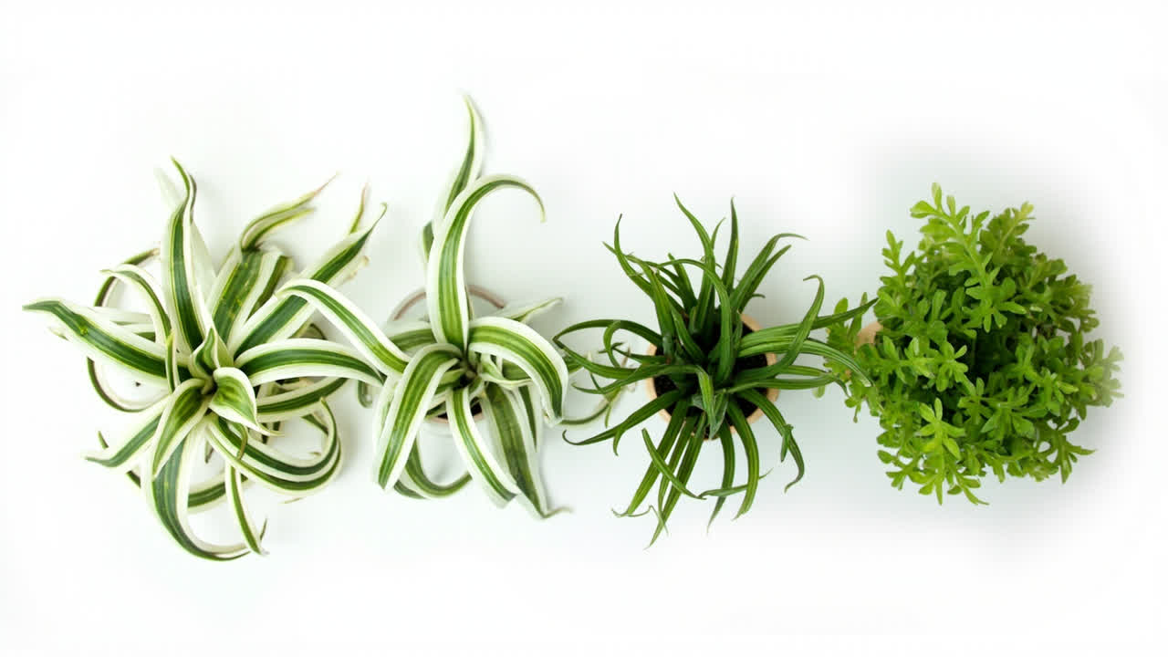 Four spider plant varieties: Variegatum with white-edge variegation, Vittatum with white center stripe, Bonnie with curly leaves, and solid green variety in editorial flat lay
