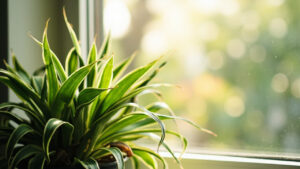 Spider plant in optimal bright indirect light near a window, healthy variegated foliage