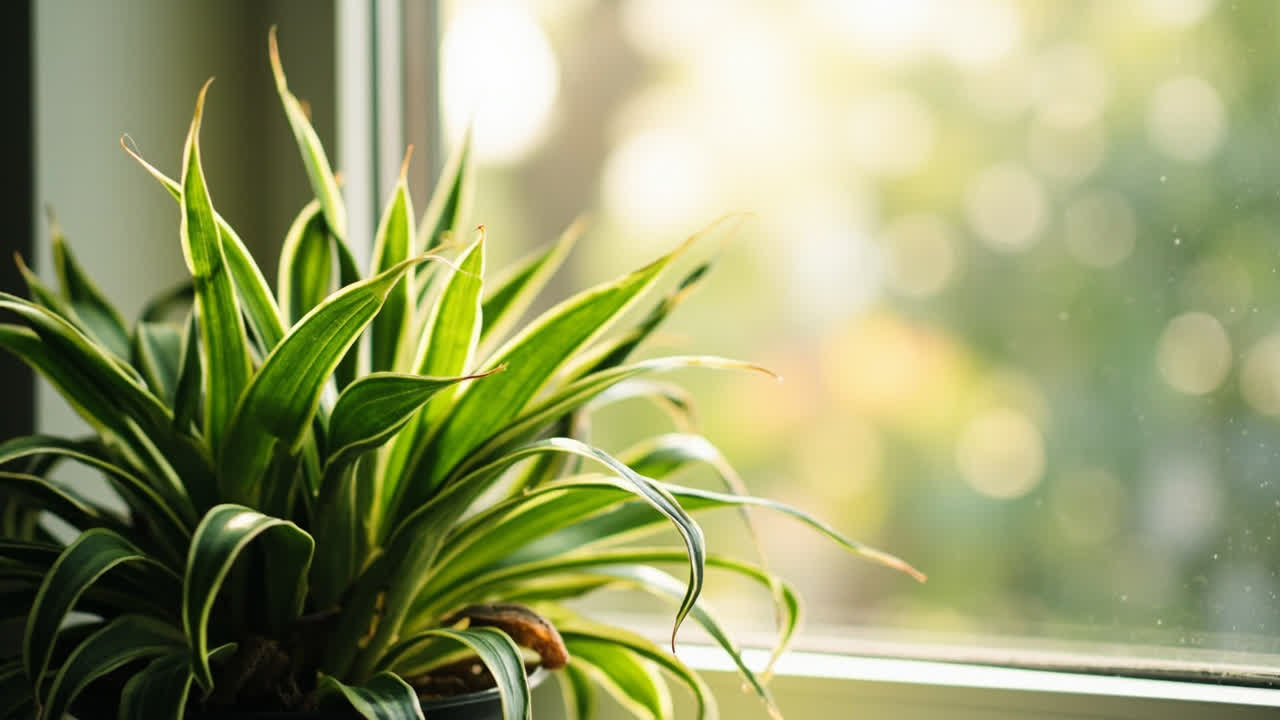 Spider plant in optimal bright indirect light near a window, healthy variegated foliage
