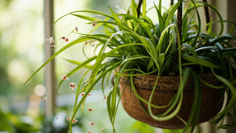 Spider plant in optimal bright indirect light near a window, healthy variegated foliage