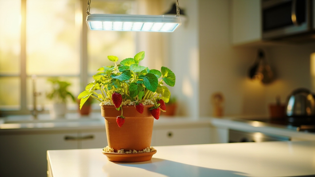 Strawberry plant under full-spectrum LED grow light on a kitchen counter with a 14-hour timer
