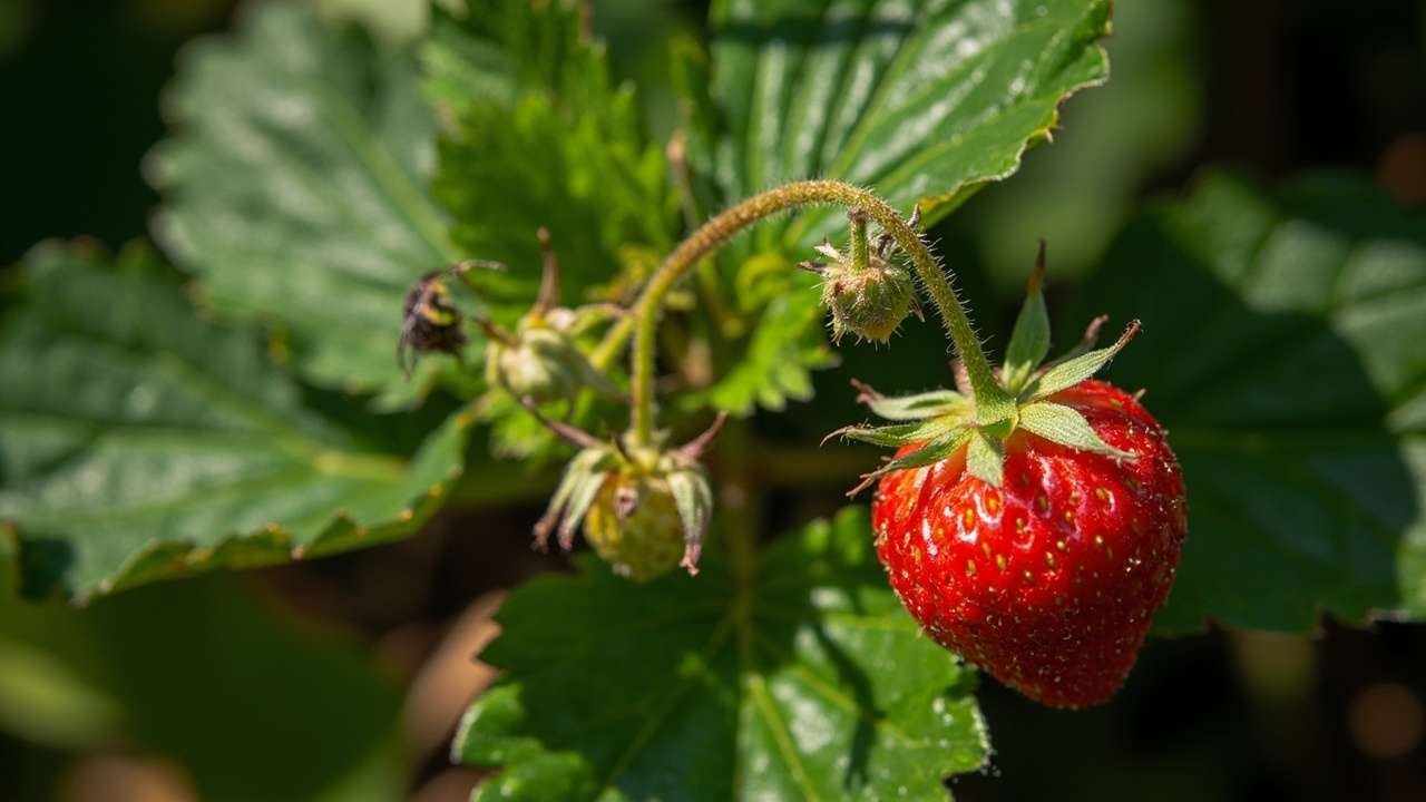 Strawberry leaves showing spider mite stippling damage with fine webbing on leaf undersides