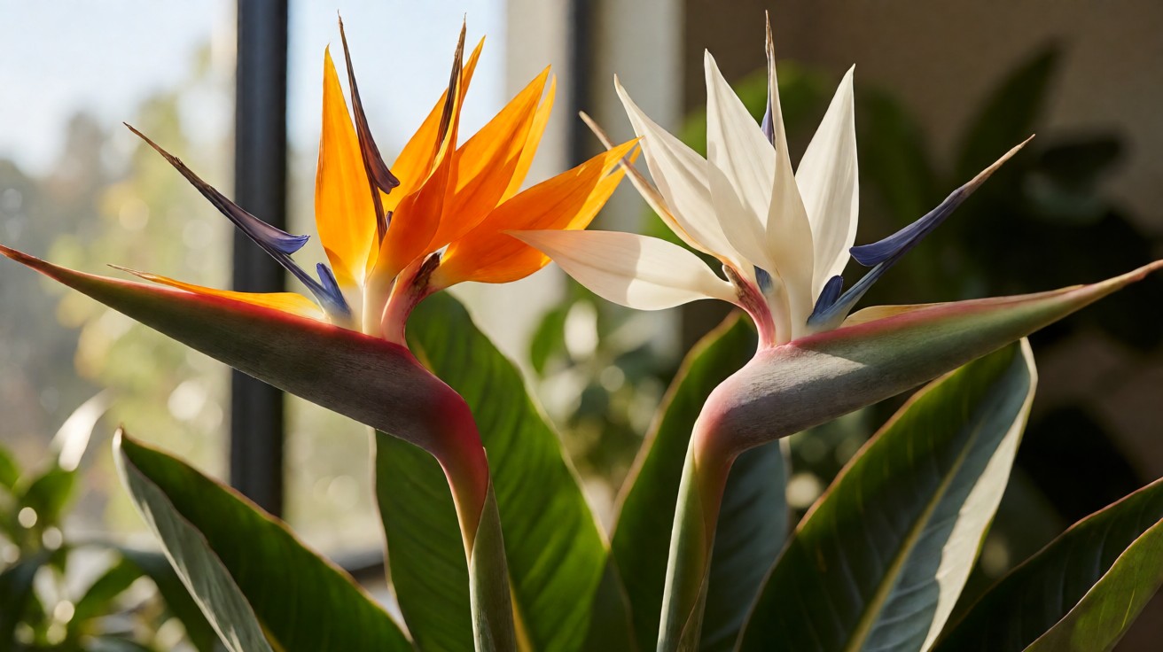 Strelitzia reginae vs Nicolai: reginae blooms orange; nicolai blooms white at maturity.