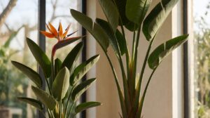 Two bird of paradise plants side by side: reginae with orange bloom, nicolai with paddle leaves