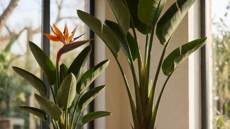 Two bird of paradise plants side by side: reginae with orange bloom, nicolai with paddle leaves