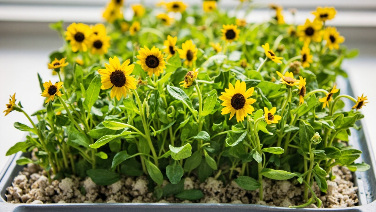 Tray of sunflower microgreens growing indoors.