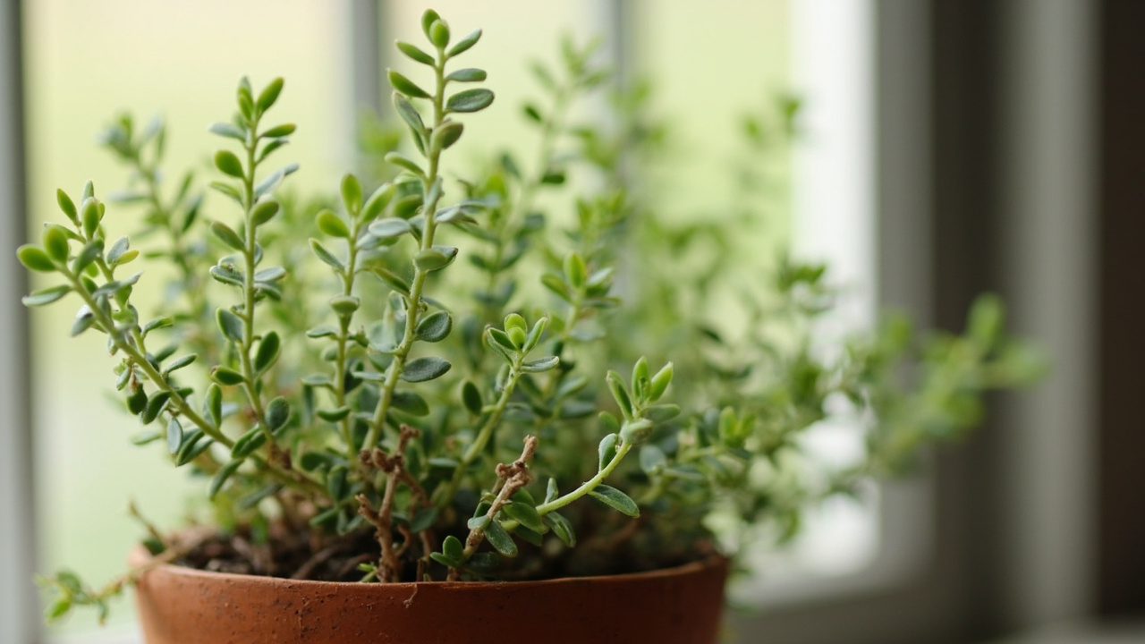 Close-up of leggy thyme stem showing elongated internodes and bare woody base with sparse foliage at the tips
