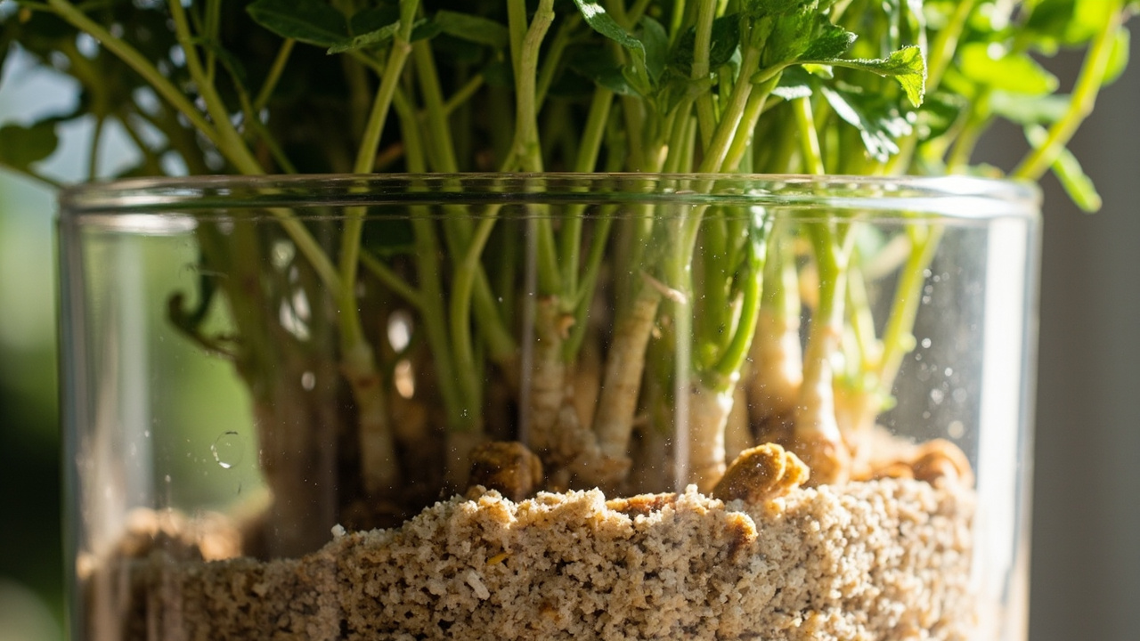 Close-up of thyme roots in well-drained sandy soil mix showing white healthy roots and mineral substrate particles
