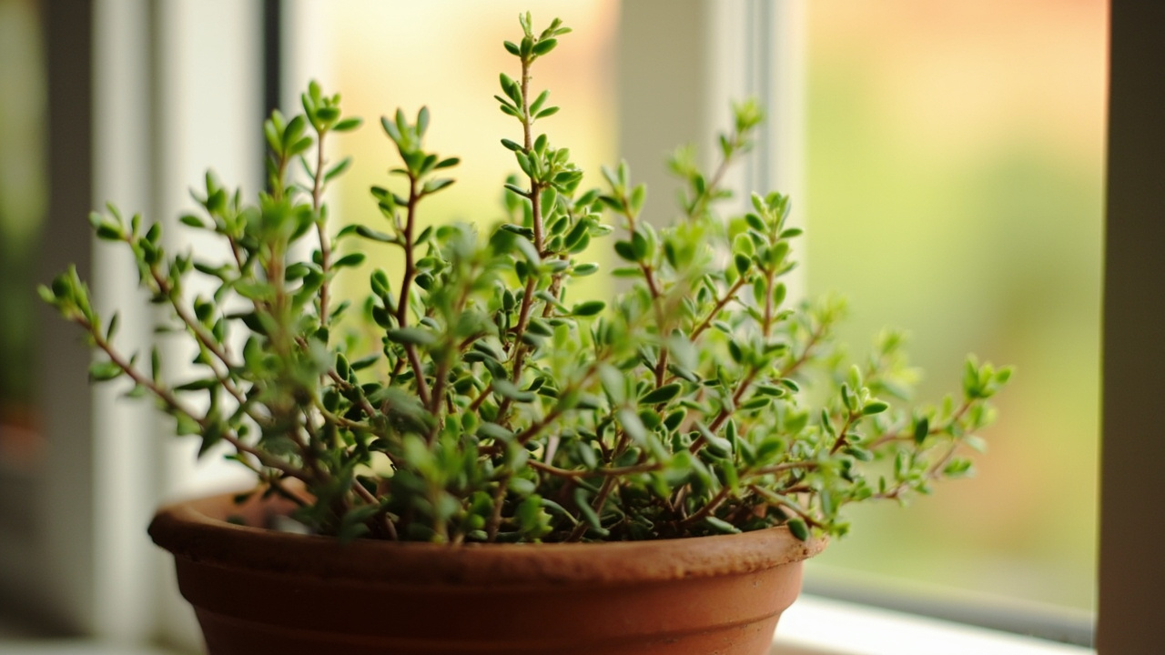 Thyme plant in terracotta pot showing compact woody stems and small aromatic leaves, photographed in natural window light