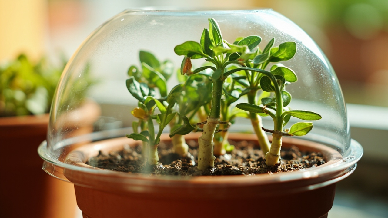 Thyme stem cuttings rooting in a small terracotta pot under a clear propagation dome