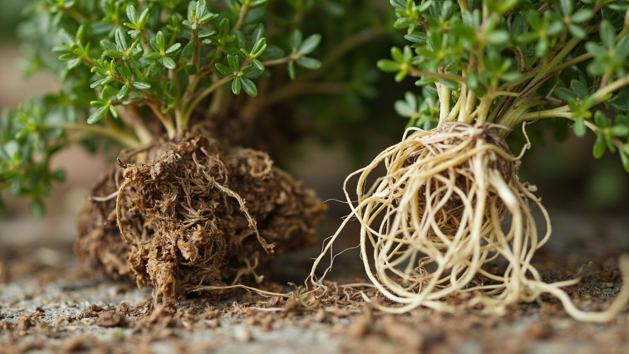 Thyme plant with visible root rot showing brown mushy roots next to healthy white roots for comparison, editorial botanical photography